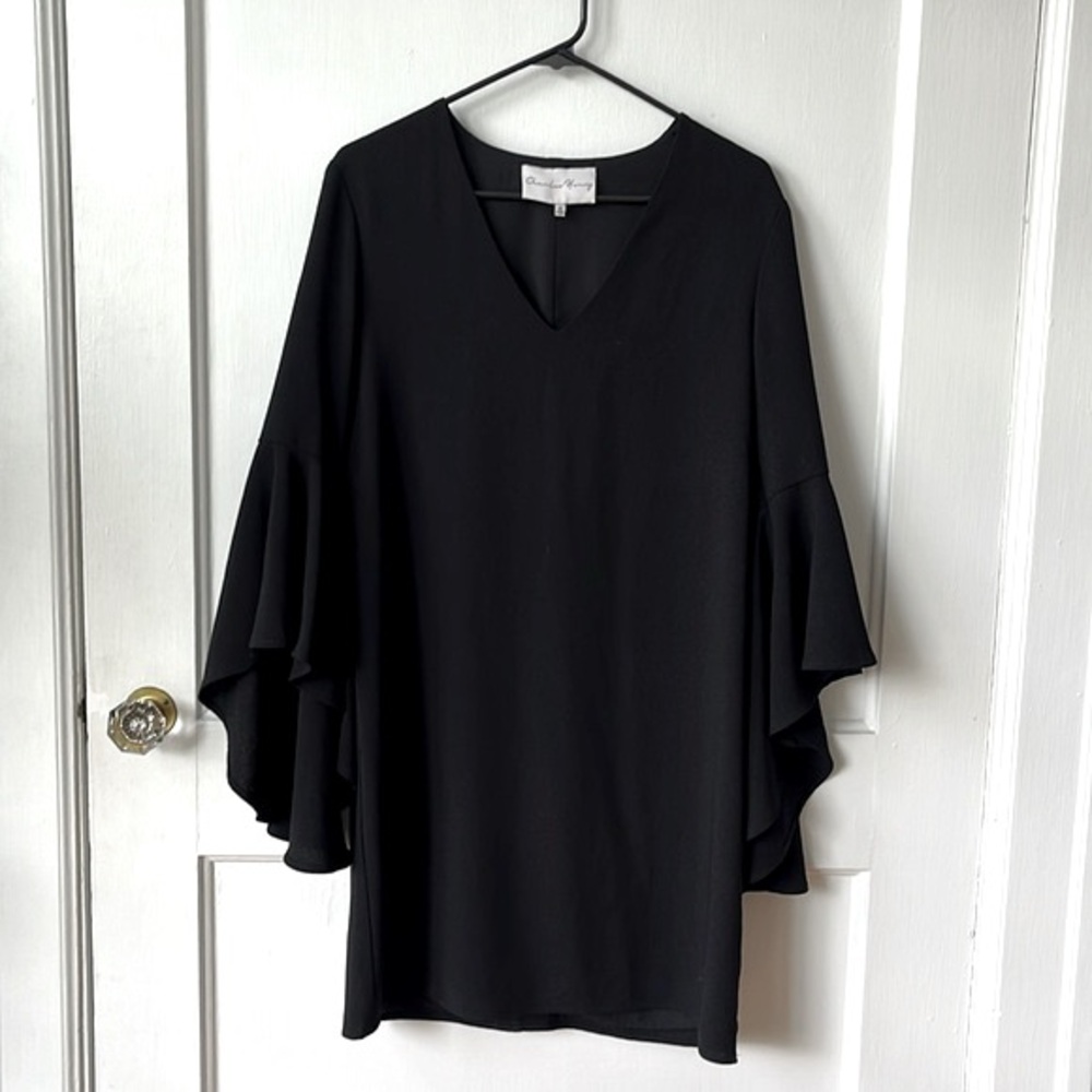 Charles Henry Black Mini Shift Dress with Asymmetrical Bell Sleeves
